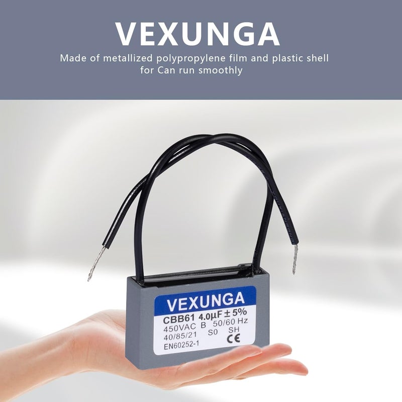 VEXUNGA مكثف مروحة CBB61 4uF 450 فولت بديل لمكثفات المروحة السقفية 4MFD 450V AC 450VAC 50/60Hz 2 سلك للمراوح بدء التشغيل والتشغيل (2 قطع) - Image 4